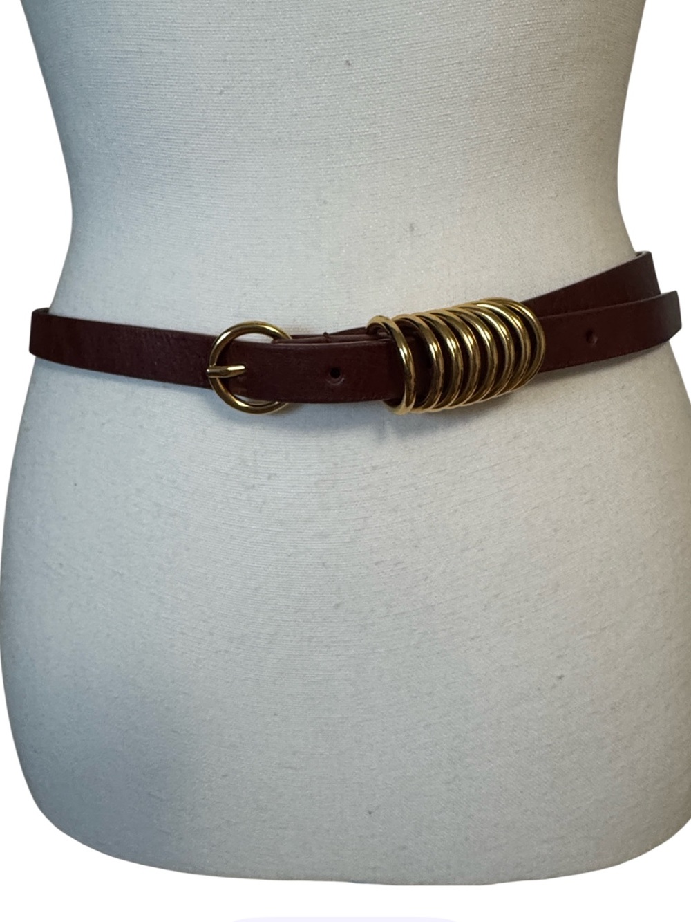 Vintage Multi-Ring Keeper Leather Belt Gold Stacked Ring Statement Belt Size Med